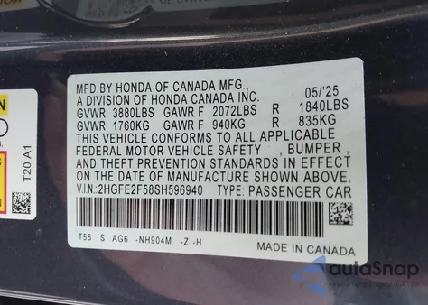 2025 Honda Civic Sport z USA, uszkodzony, nr VIN 2HGFE2F58SH596940